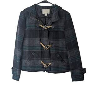 Hinge Wool Blend hooded jacket black green Tartan Plaid xsmall